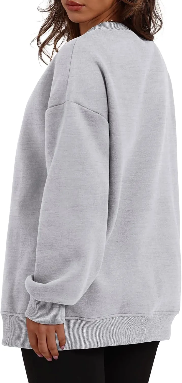 Womens Crew Neck Oversized Sweatshirt with Pockets Long Sleeve Pullover Cotton Hoodies Casual Tops Winter 2025