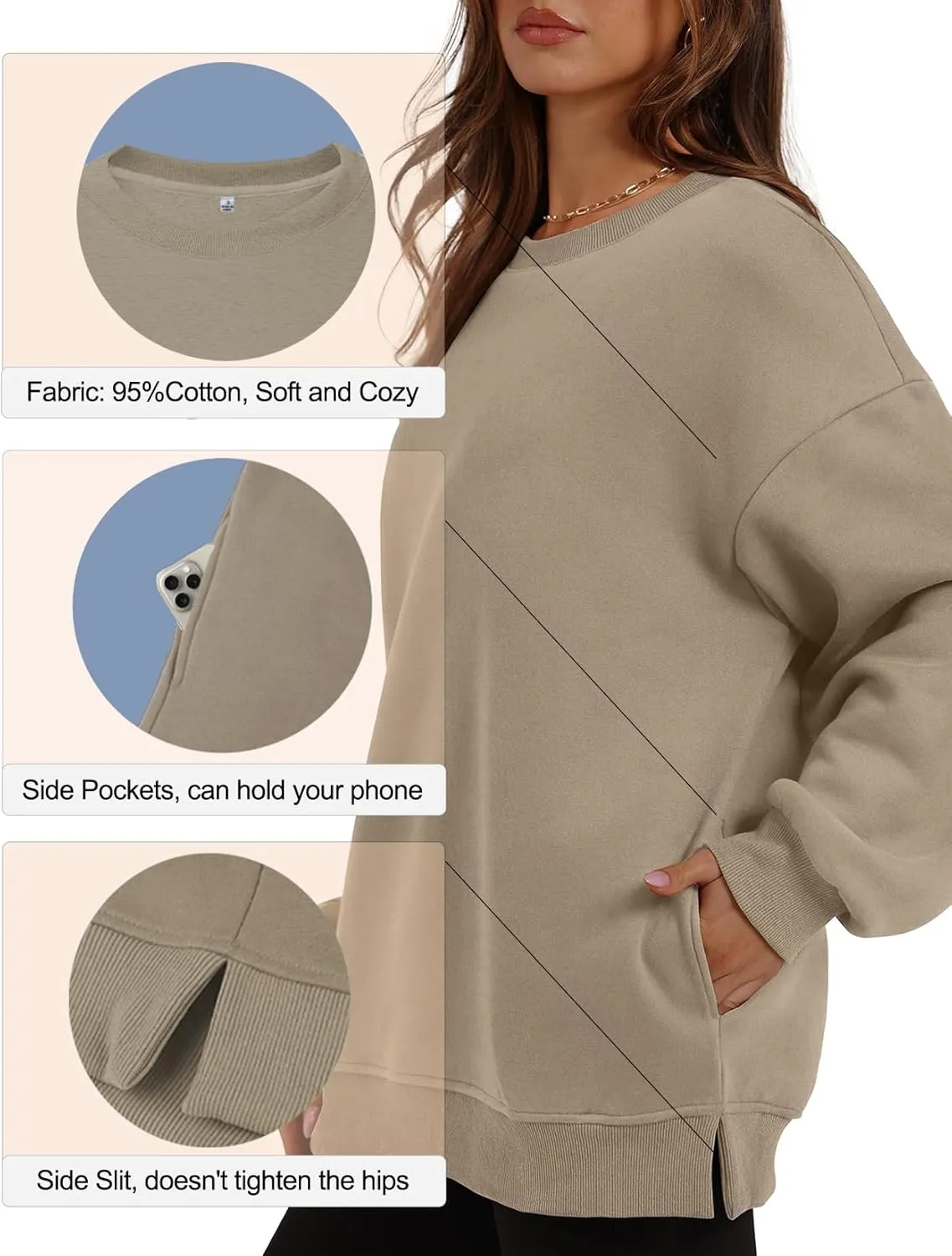 Womens Crew Neck Oversized Sweatshirt with Pockets Long Sleeve Pullover Cotton Hoodies Casual Tops Winter 2025