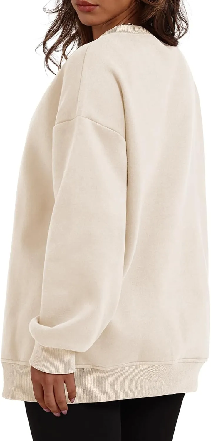Womens Crew Neck Oversized Sweatshirt with Pockets Long Sleeve Pullover Cotton Hoodies Casual Tops Winter 2025