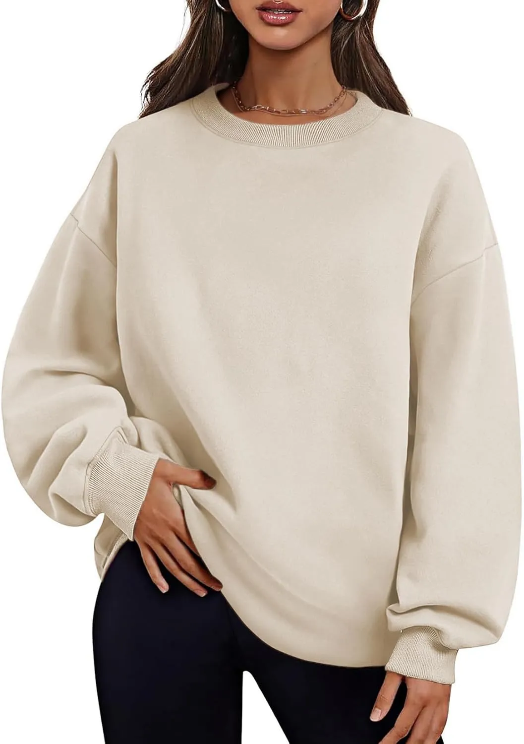 Womens Crew Neck Oversized Sweatshirt with Pockets Long Sleeve Pullover Cotton Hoodies Casual Tops Winter 2025