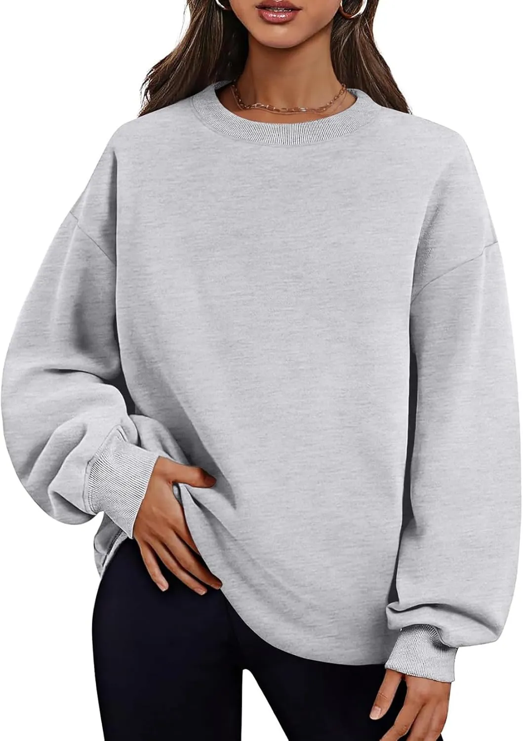 Womens Crew Neck Oversized Sweatshirt with Pockets Long Sleeve Pullover Cotton Hoodies Casual Tops Winter 2025
