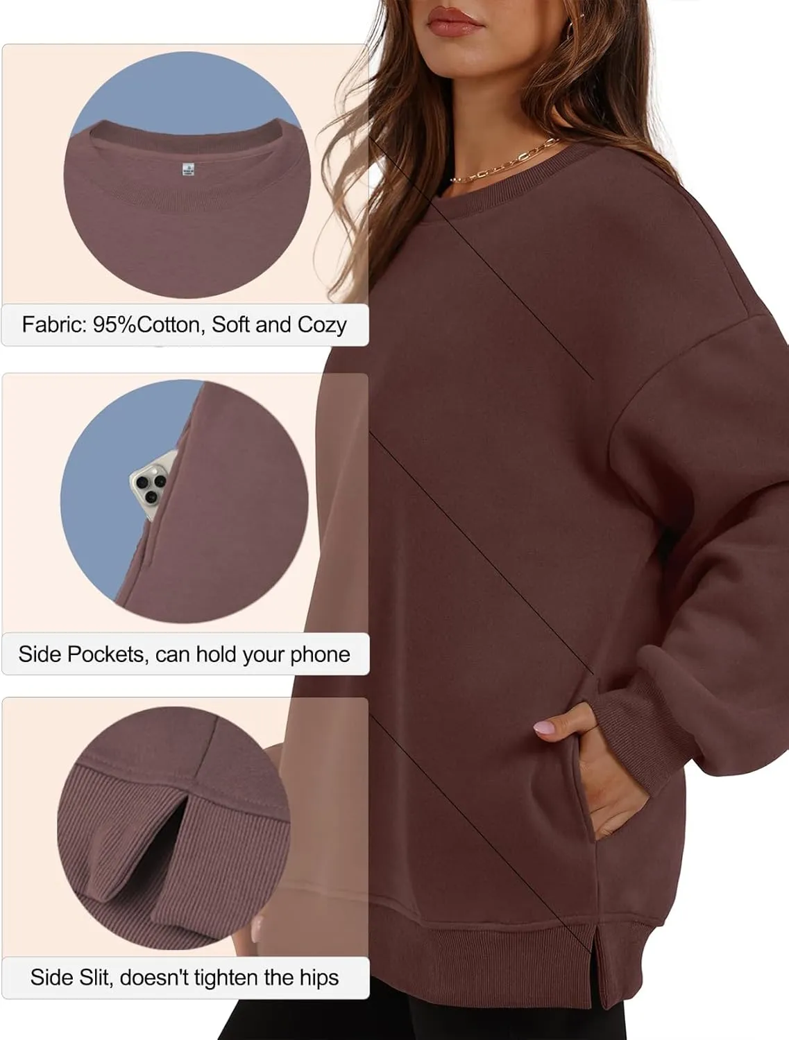 Womens Crew Neck Oversized Sweatshirt with Pockets Long Sleeve Pullover Cotton Hoodies Casual Tops Winter 2025