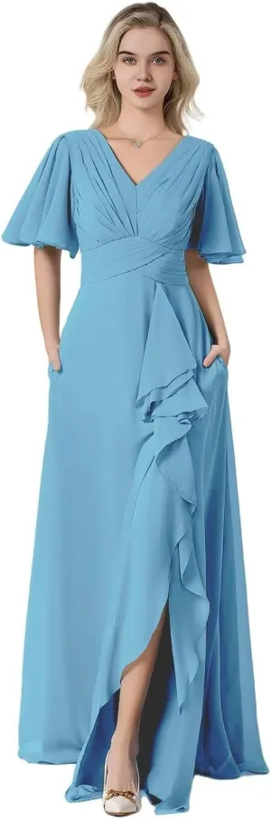 Women's Flutter Sleeve Chiffon Bridesmaid Dresses for Wedding Long V-Neck Formal Evening Dress with Slit