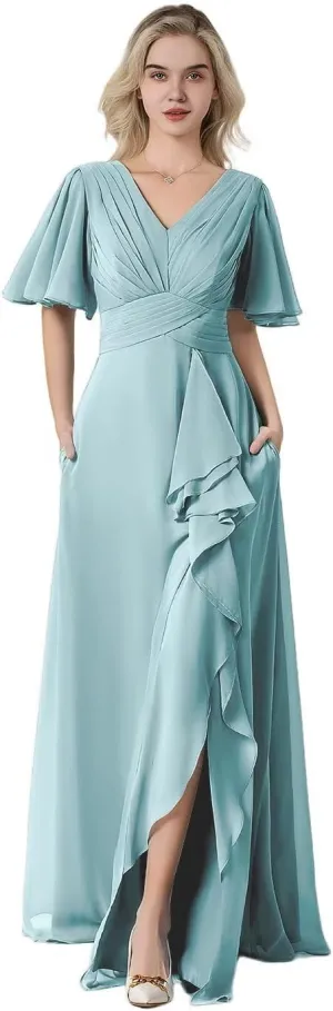 Women's Flutter Sleeve Chiffon Bridesmaid Dresses for Wedding Long V-Neck Formal Evening Dress with Slit