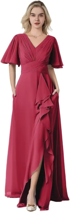 Women's Flutter Sleeve Chiffon Bridesmaid Dresses for Wedding Long V-Neck Formal Evening Dress with Slit