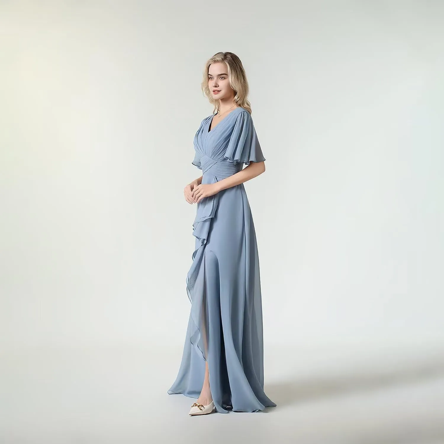 Women's Flutter Sleeve Chiffon Bridesmaid Dresses for Wedding Long V-Neck Formal Evening Dress with Slit