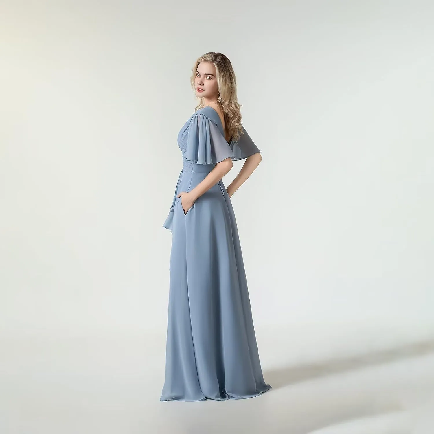 Women's Flutter Sleeve Chiffon Bridesmaid Dresses for Wedding Long V-Neck Formal Evening Dress with Slit
