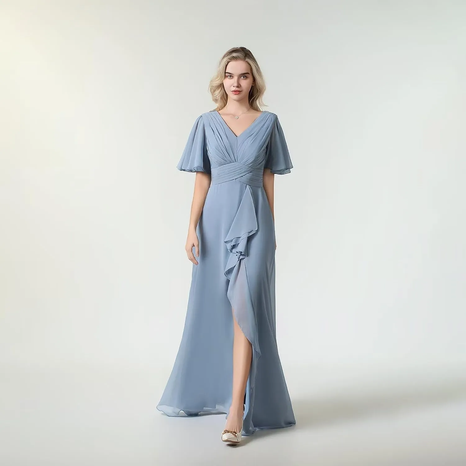 Women's Flutter Sleeve Chiffon Bridesmaid Dresses for Wedding Long V-Neck Formal Evening Dress with Slit