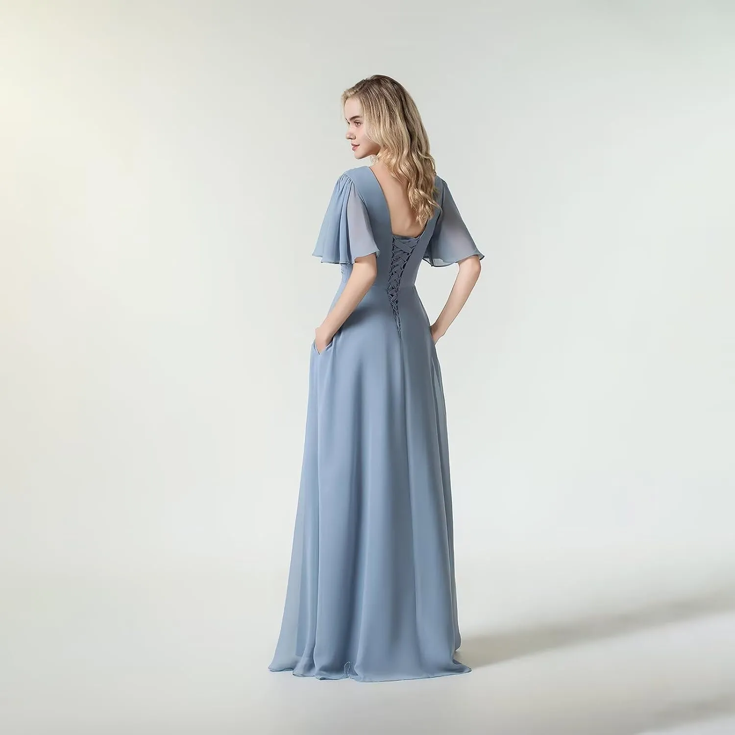 Women's Flutter Sleeve Chiffon Bridesmaid Dresses for Wedding Long V-Neck Formal Evening Dress with Slit