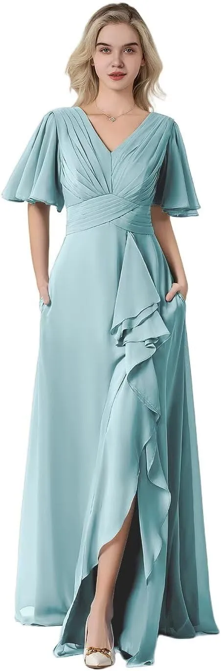 Women's Flutter Sleeve Chiffon Bridesmaid Dresses for Wedding Long V-Neck Formal Evening Dress with Slit