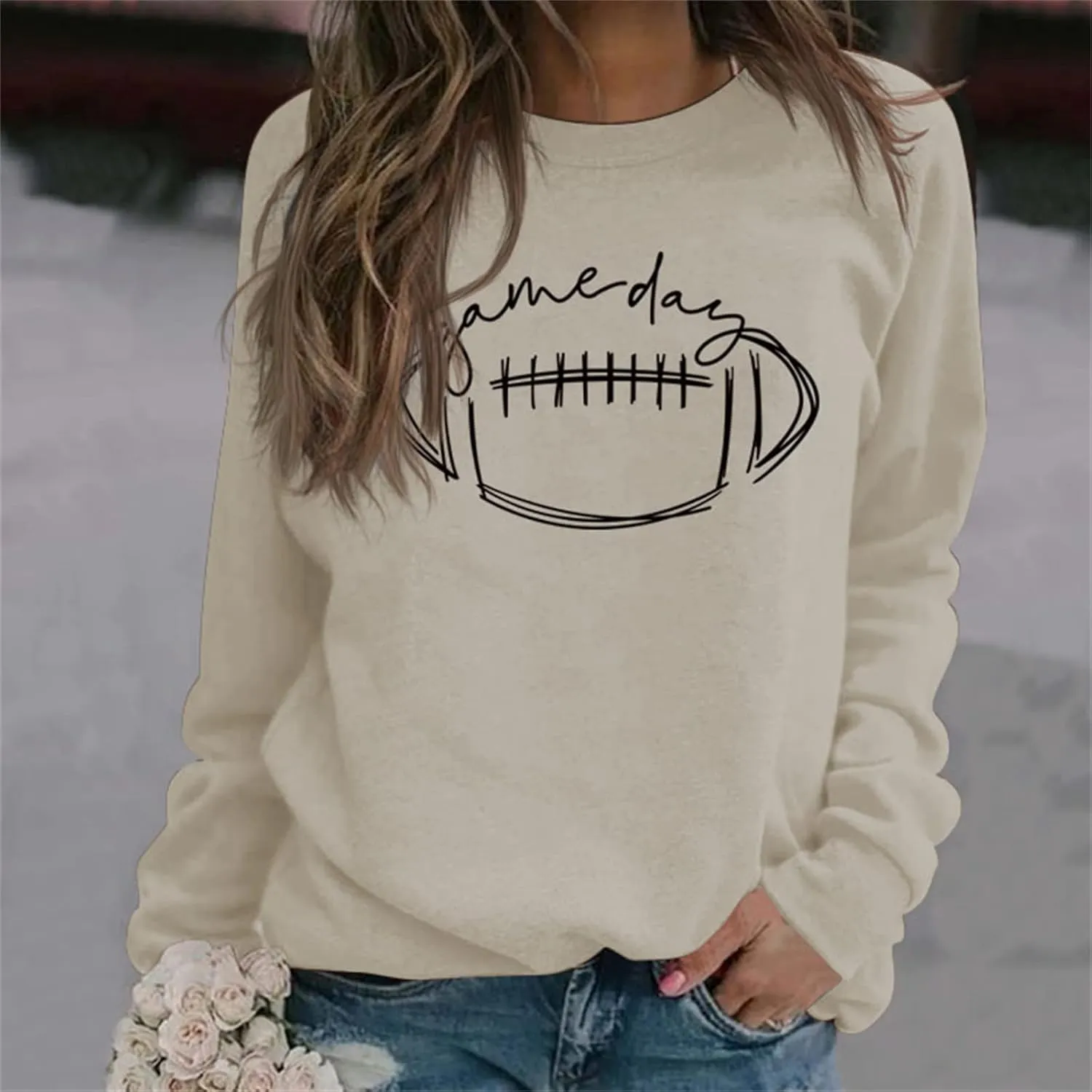 Womens Game Day Sweatshirt Football Graphic Print Pullover Long Sleeve Crewneck Casual Tops