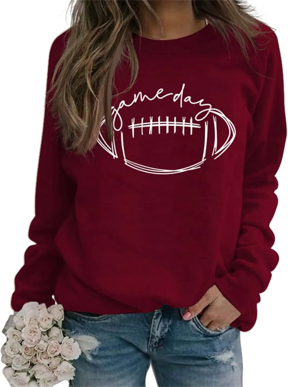 Womens Game Day Sweatshirt Football Graphic Print Pullover Long Sleeve Crewneck Casual Tops