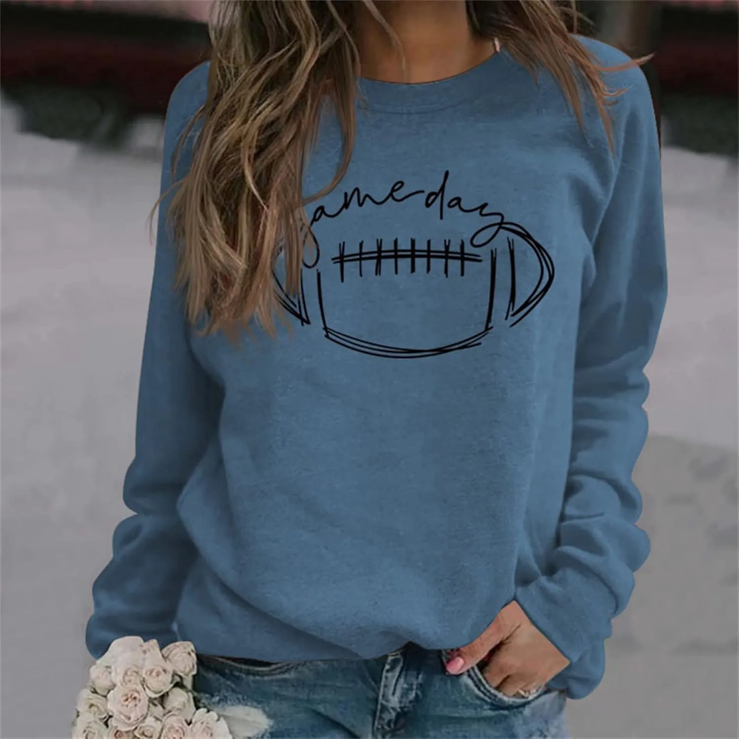 Womens Game Day Sweatshirt Football Graphic Print Pullover Long Sleeve Crewneck Casual Tops