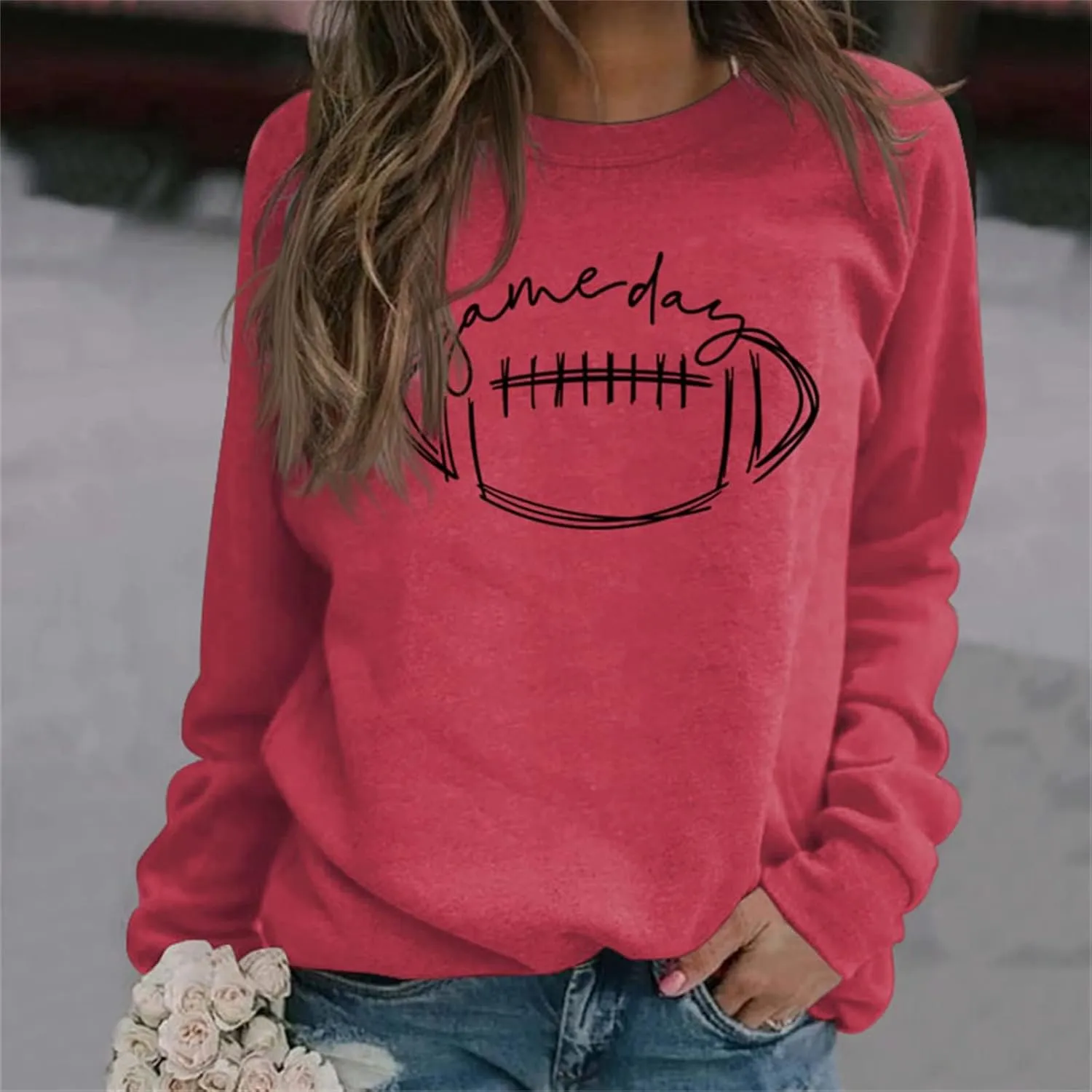 Womens Game Day Sweatshirt Football Graphic Print Pullover Long Sleeve Crewneck Casual Tops