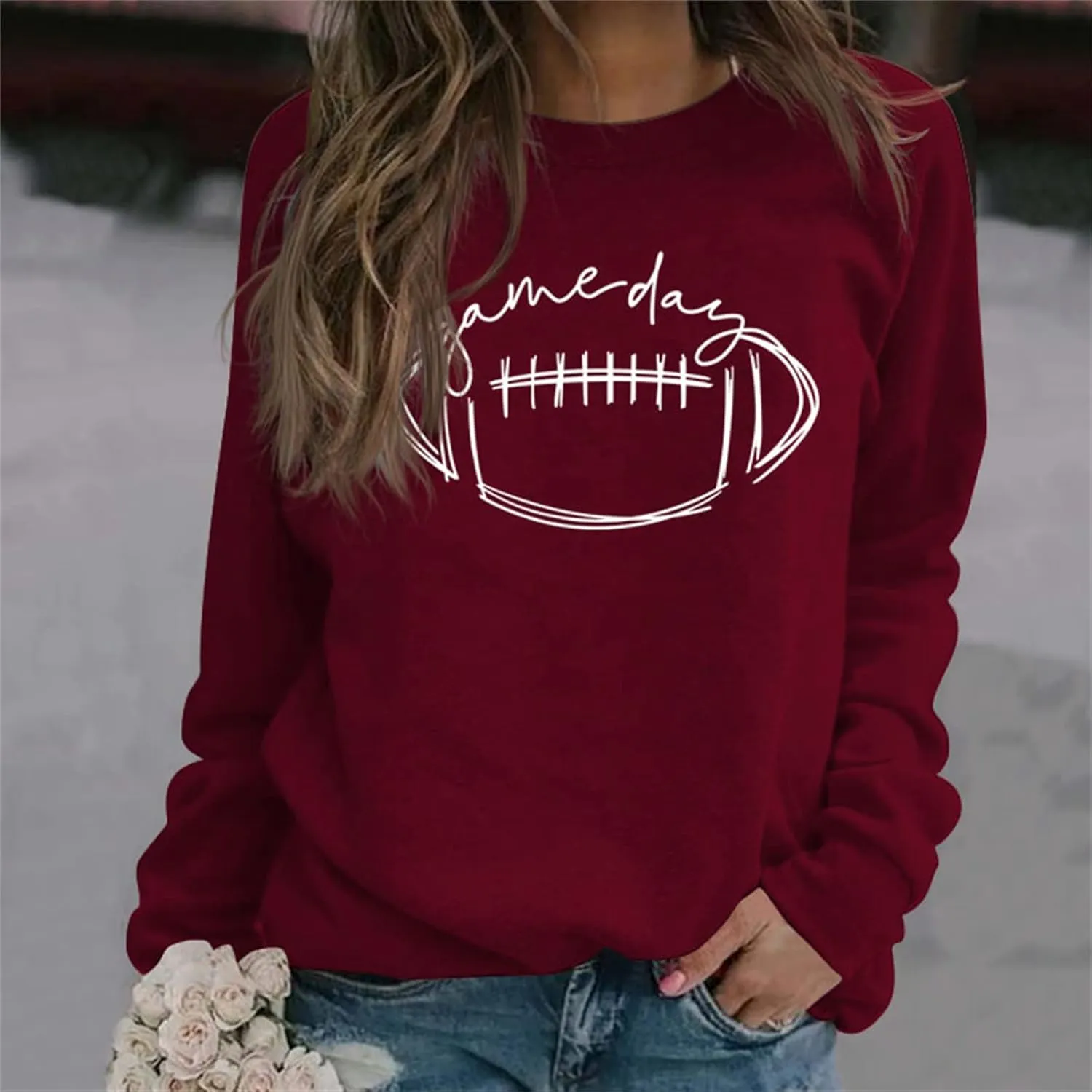 Womens Game Day Sweatshirt Football Graphic Print Pullover Long Sleeve Crewneck Casual Tops