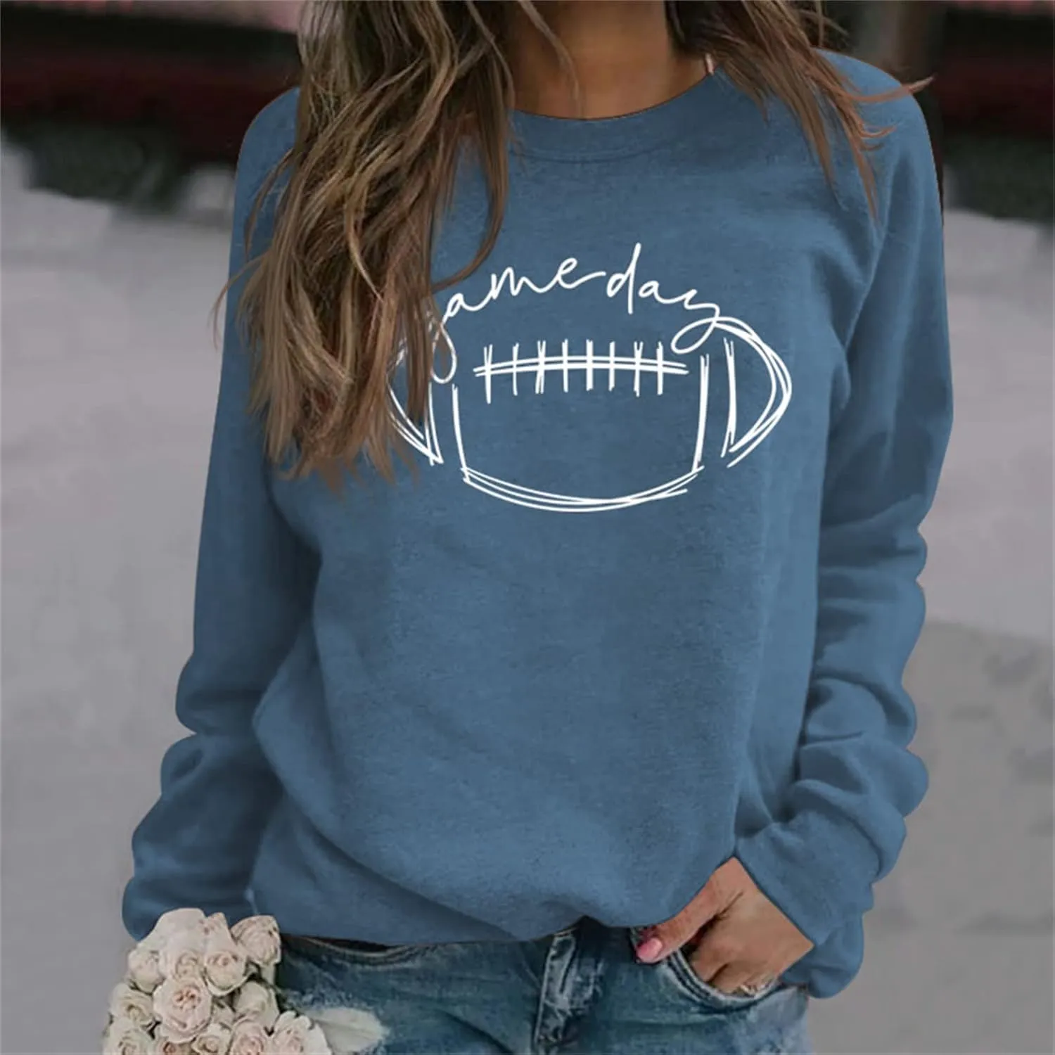Womens Game Day Sweatshirt Football Graphic Print Pullover Long Sleeve Crewneck Casual Tops