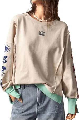 Women's Graphic Crew Neck Sweatshirt Split Hem Drop Shoulder Long Sleeve Pullover Casual Tops