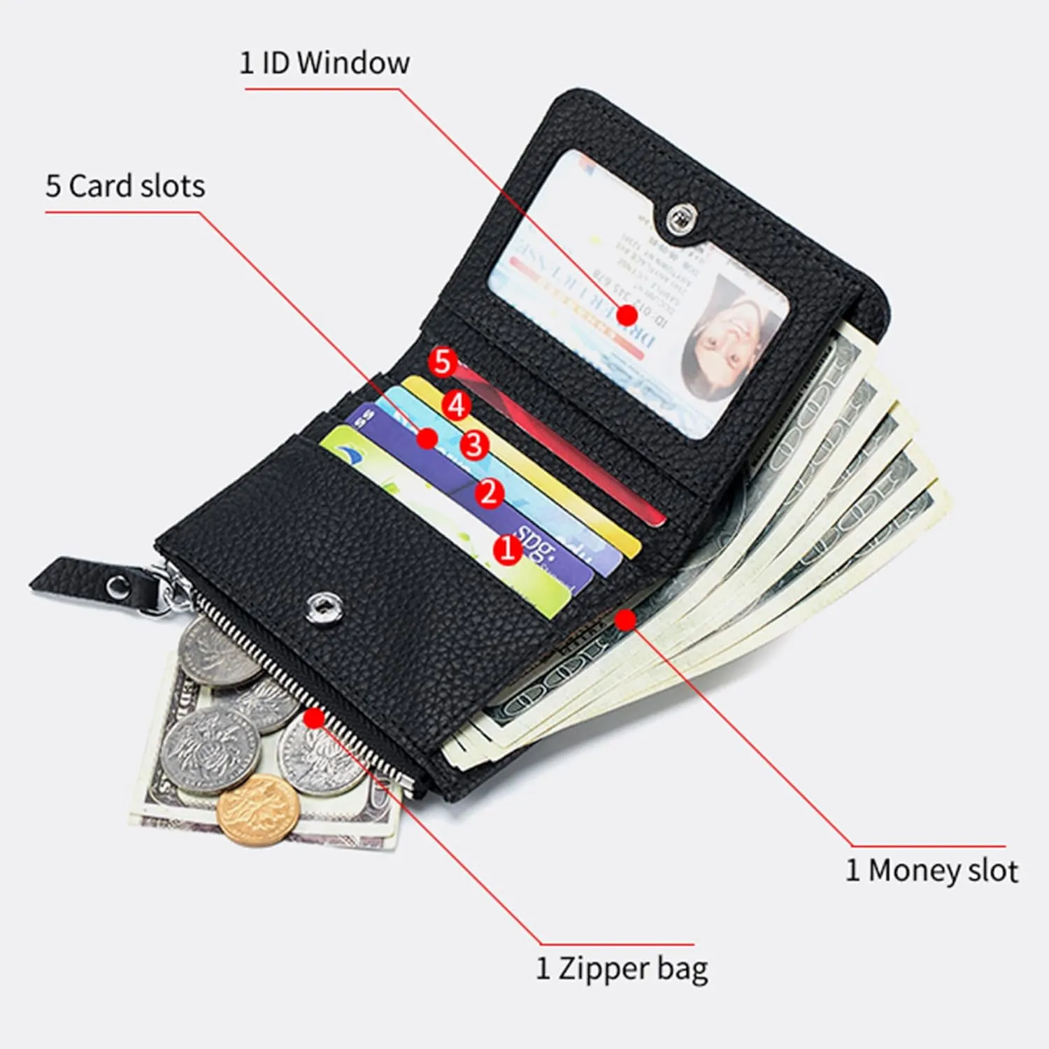 Women's Leather Wallet, RFID Blocking Bifold Wallet for Women, Ladies Soft Fashion Purse with Zipper Coin Pocket (Black)