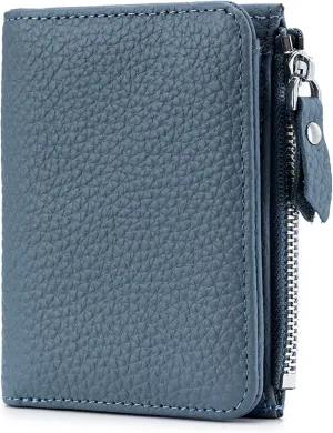 Women's Leather Wallet, RFID Blocking Bifold Wallet for Women, Ladies Soft Fashion Purse with Zipper Coin Pocket (Blue)