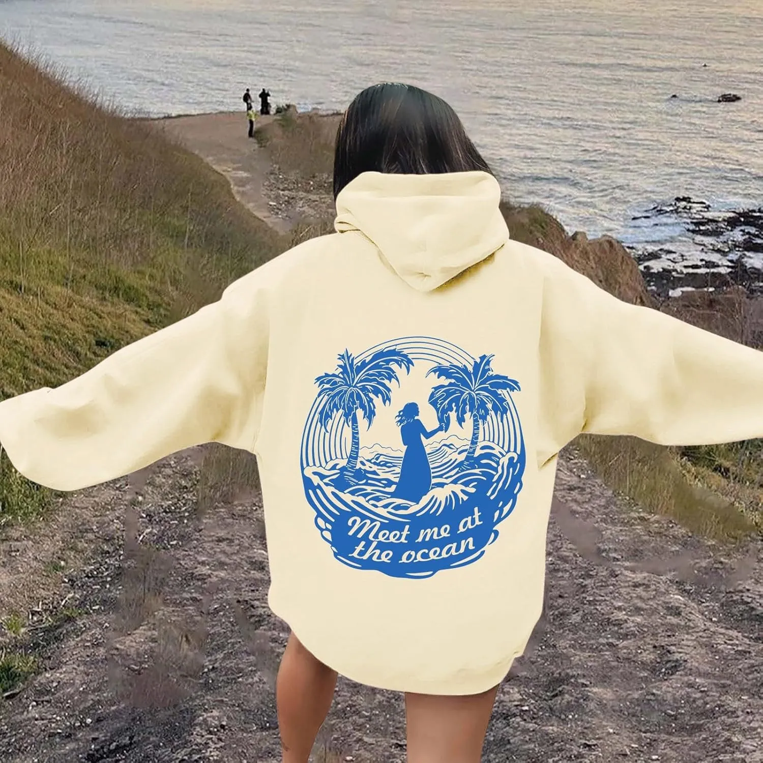 Women's Letter Print Hoodie Sweatshirt Long Sleeve Drawstring Graphic Pullover Oversized Casual Tops With Pockets
