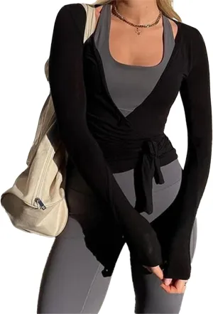 Womens Slim Fit Tie Front Open Front Wrap Long Sleeve T Shirt Y2K Ballet Going Out Cardigan Aesthetic Casual Tops