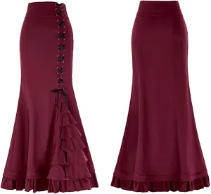 Women's Steampunk Maxi Skirt Ruffle High Waist Victorian Long Mermaid Skirt Medieval Renaissance Gothic Vintage Skirts
