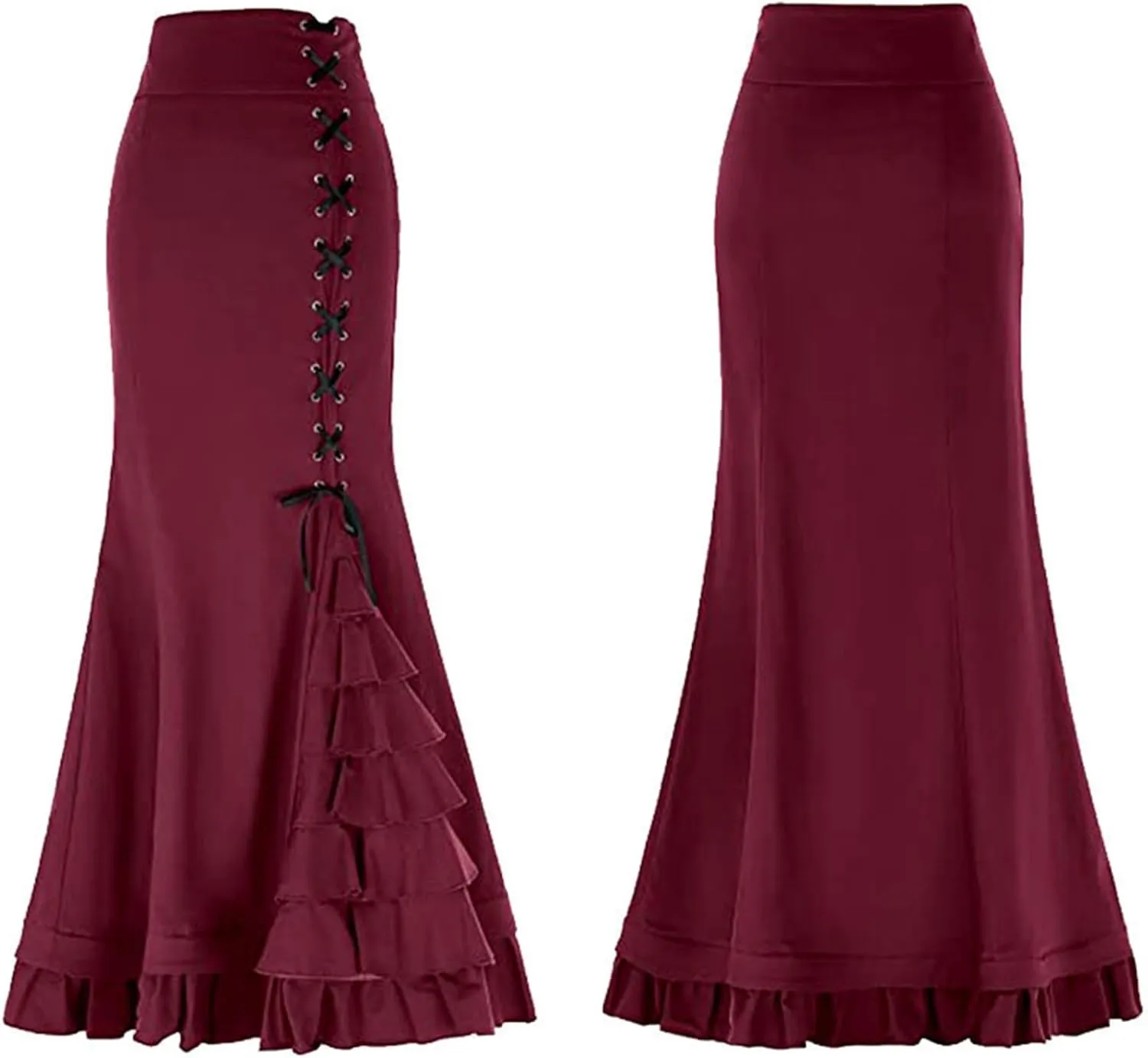 Women's Steampunk Maxi Skirt Ruffle High Waist Victorian Long Mermaid Skirt Medieval Renaissance Gothic Vintage Skirts