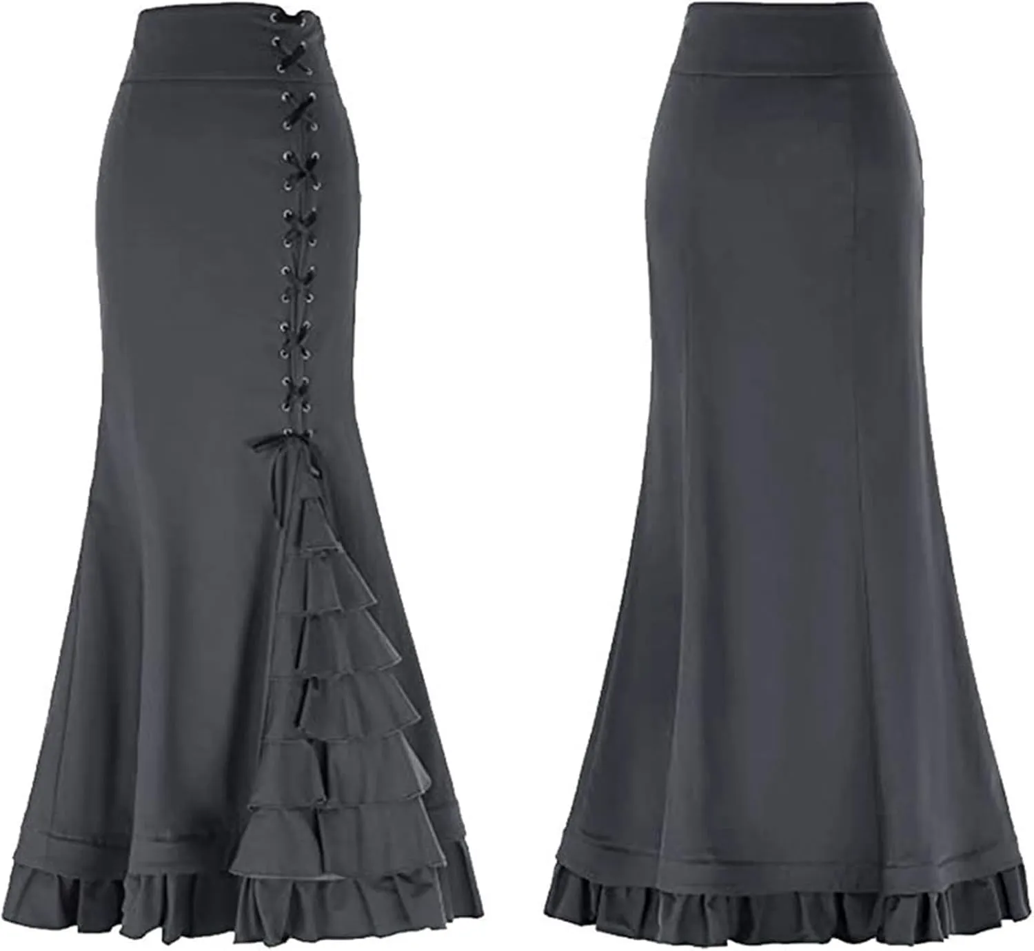 Women's Steampunk Maxi Skirt Ruffle High Waist Victorian Long Mermaid Skirt Medieval Renaissance Gothic Vintage Skirts