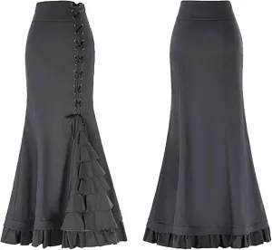 Women's Steampunk Maxi Skirt Ruffle High Waist Victorian Long Mermaid Skirt Medieval Renaissance Gothic Vintage Skirts