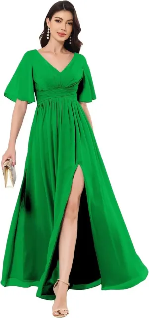 Women's V-Neck Chiffon Bridesmaid Dresses for Wedding Long Short Sleeve Formal Dress Evening Gown with Slit