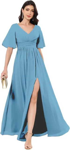 Women's V-Neck Chiffon Bridesmaid Dresses for Wedding Long Short Sleeve Formal Dress Evening Gown with Slit