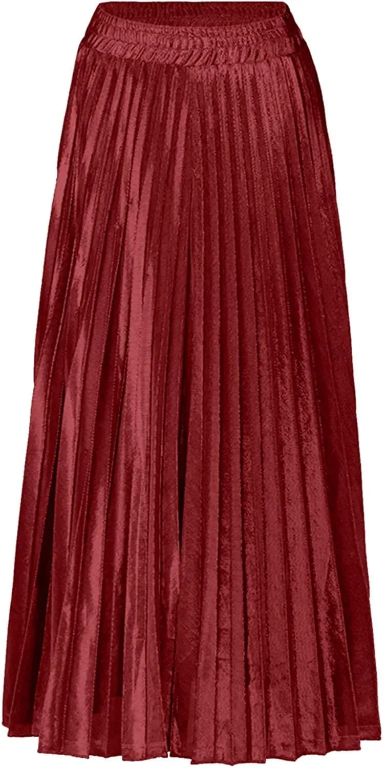 Women's Velvet Skirt Elastic High Waisted A-Line Pleated Long Skirts 2024 Trendy Party Wedding Flowy Swing Maxi Skirts