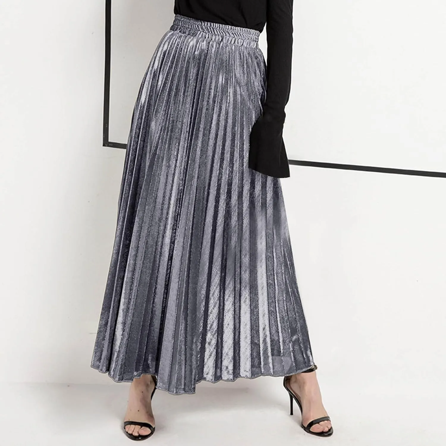 Women's Velvet Skirt Elastic High Waisted A-Line Pleated Long Skirts 2024 Trendy Party Wedding Flowy Swing Maxi Skirts