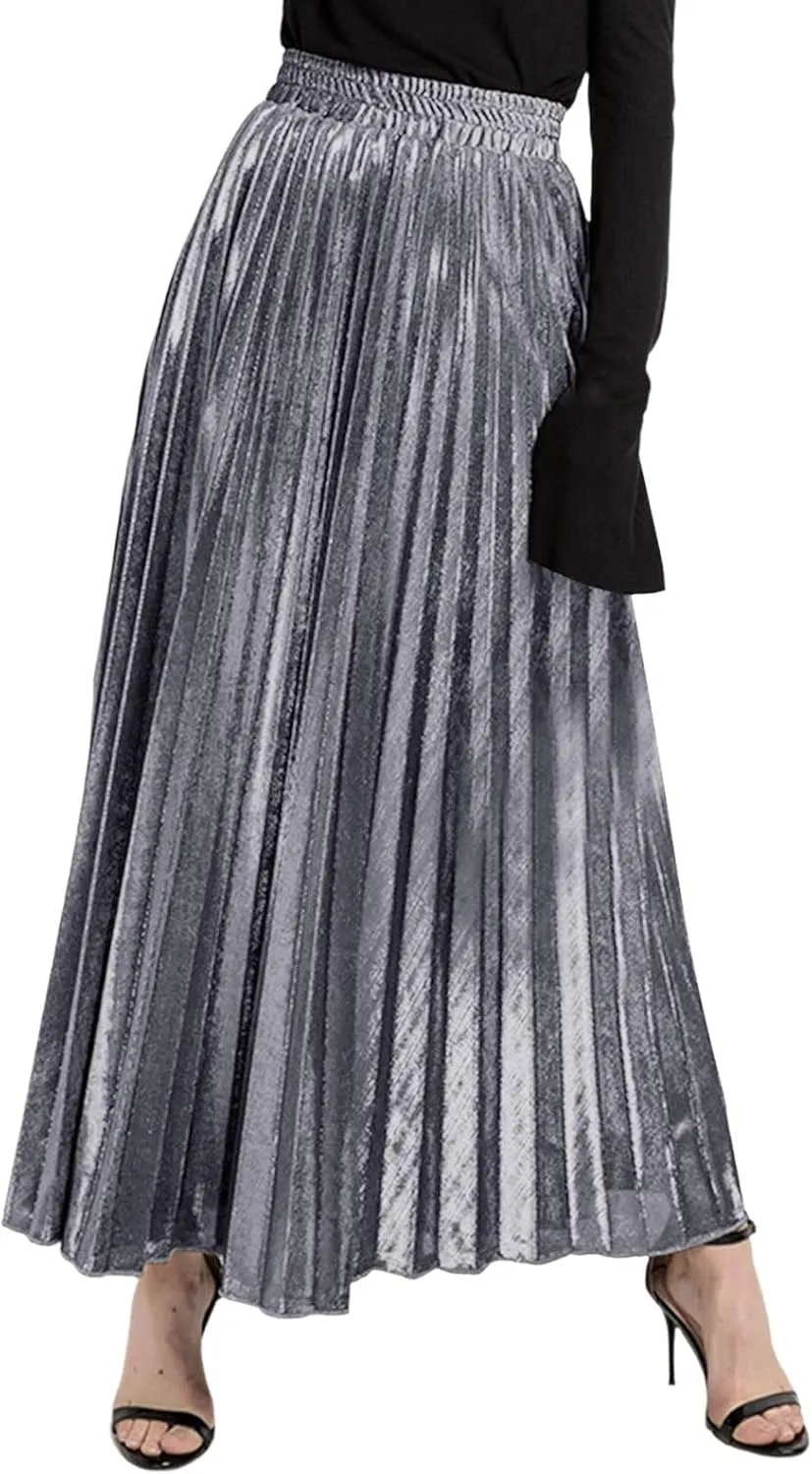 Women's Velvet Skirt Elastic High Waisted A-Line Pleated Long Skirts 2024 Trendy Party Wedding Flowy Swing Maxi Skirts
