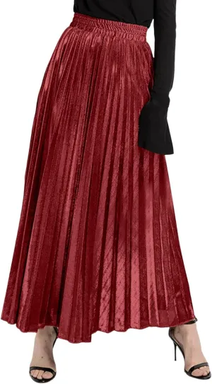 Women's Velvet Skirt Elastic High Waisted A-Line Pleated Long Skirts 2024 Trendy Party Wedding Flowy Swing Maxi Skirts