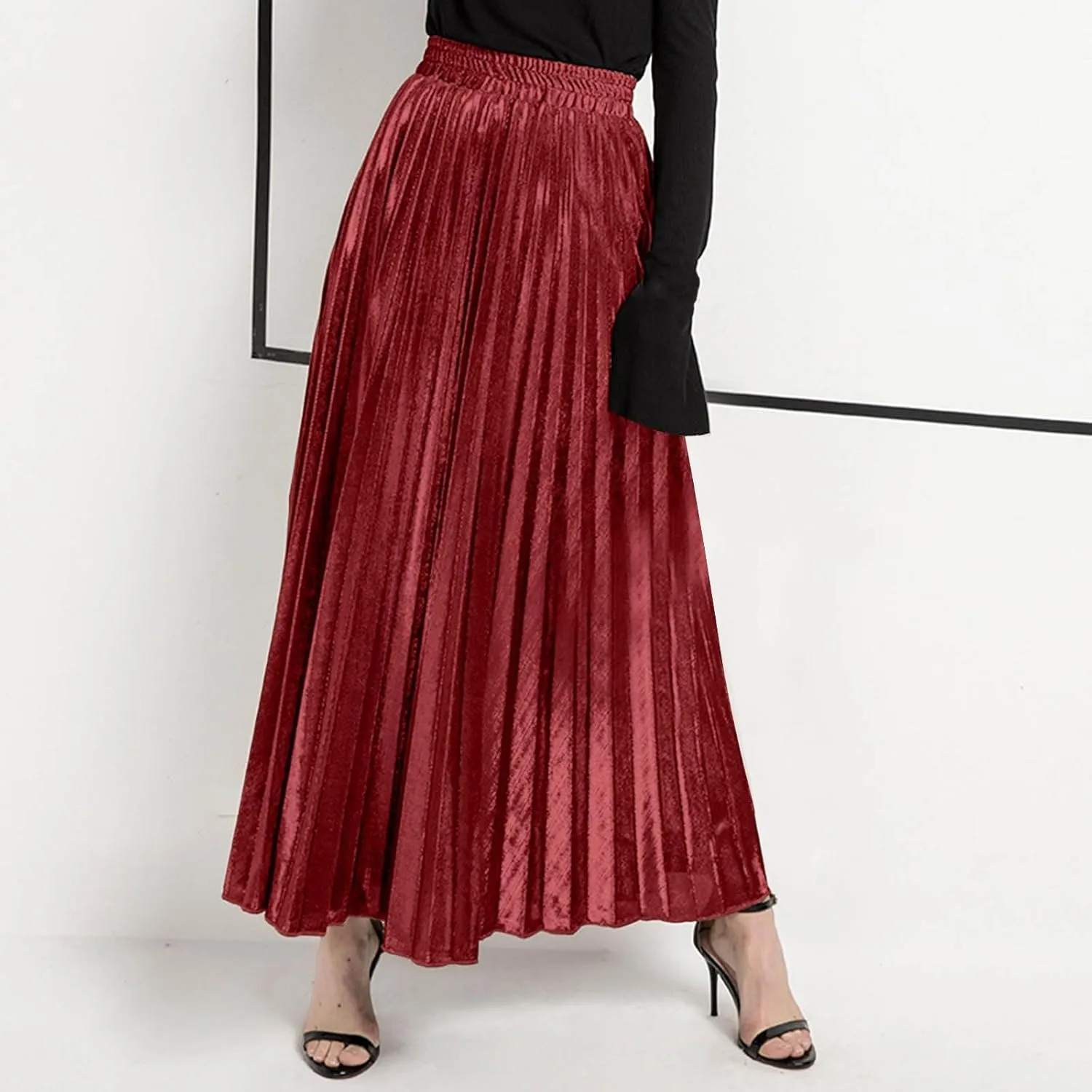 Women's Velvet Skirt Elastic High Waisted A-Line Pleated Long Skirts 2024 Trendy Party Wedding Flowy Swing Maxi Skirts