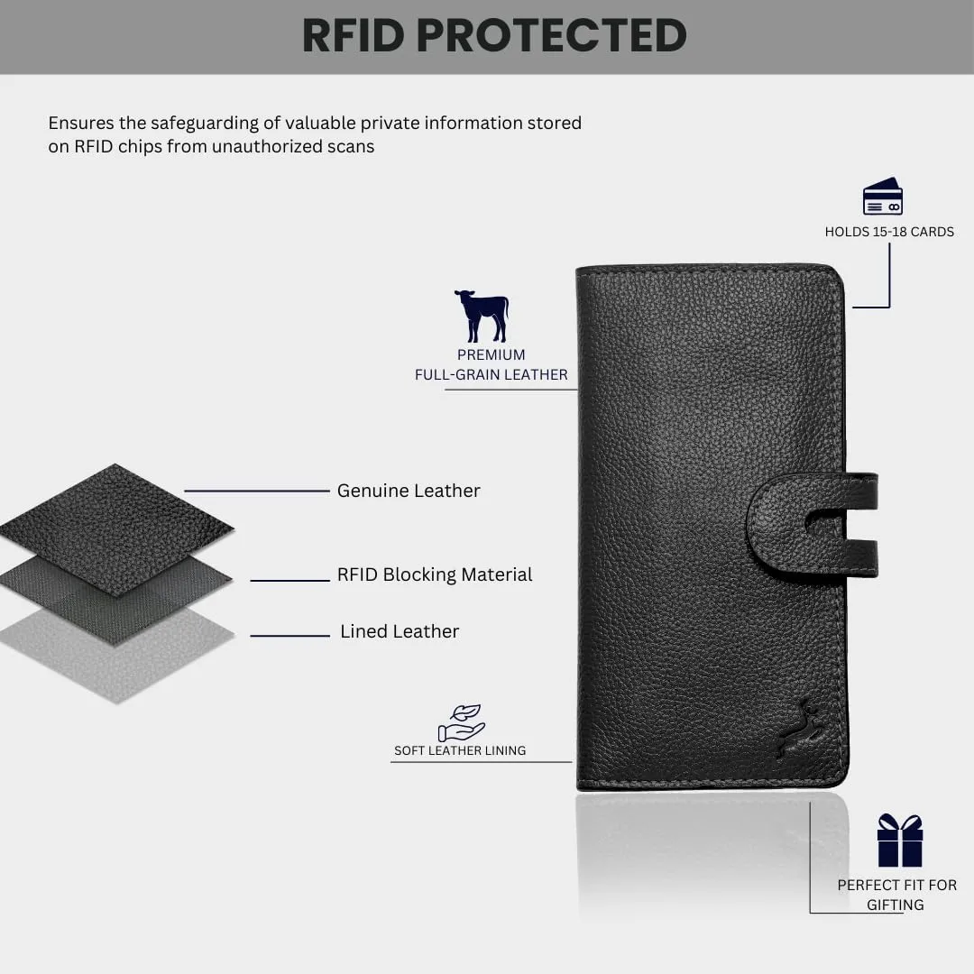 womens wallet (Holds 15-18 Cards, 4 Flat Pockets, 1 ID Windows) Genuine Leather clutch purses for women | Slim long wallets for women | rfid blocking wallet (black wallet)