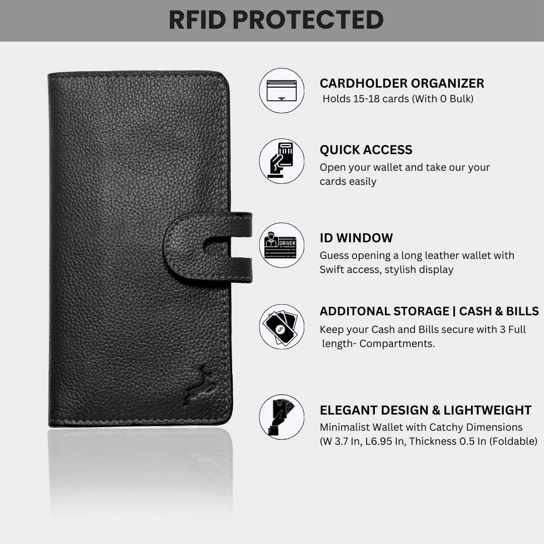 womens wallet (Holds 15-18 Cards, 4 Flat Pockets, 1 ID Windows) Genuine Leather clutch purses for women | Slim long wallets for women | rfid blocking wallet (black wallet)