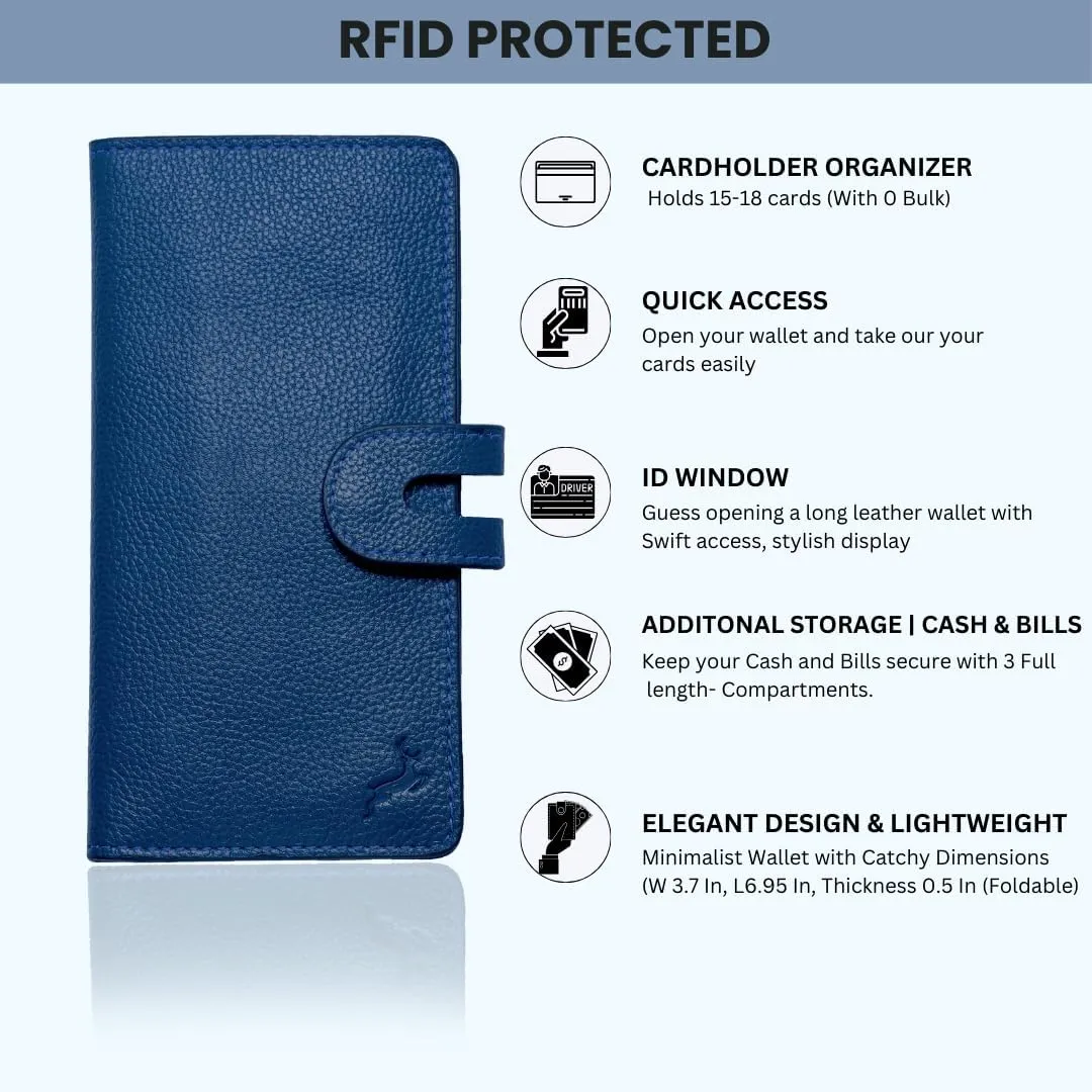 womens wallet (Holds 15-18 Cards, 4 Flat Pockets, 1 ID Windows) Genuine Leather clutch purses for women | Slim long wallets for women | rfid blocking wallet (blue wallets for women)