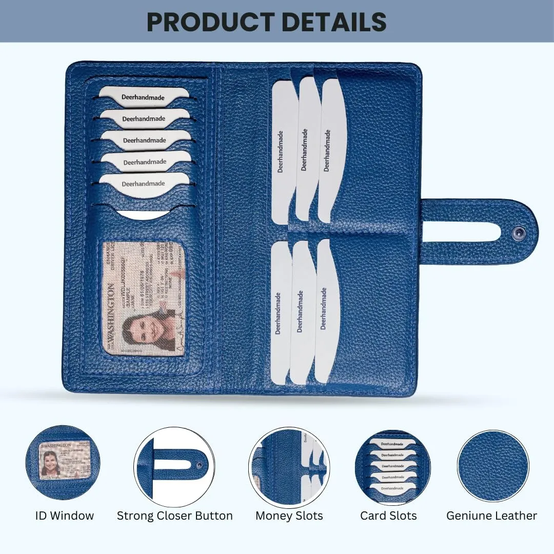 womens wallet (Holds 15-18 Cards, 4 Flat Pockets, 1 ID Windows) Genuine Leather clutch purses for women | Slim long wallets for women | rfid blocking wallet (blue wallets for women)