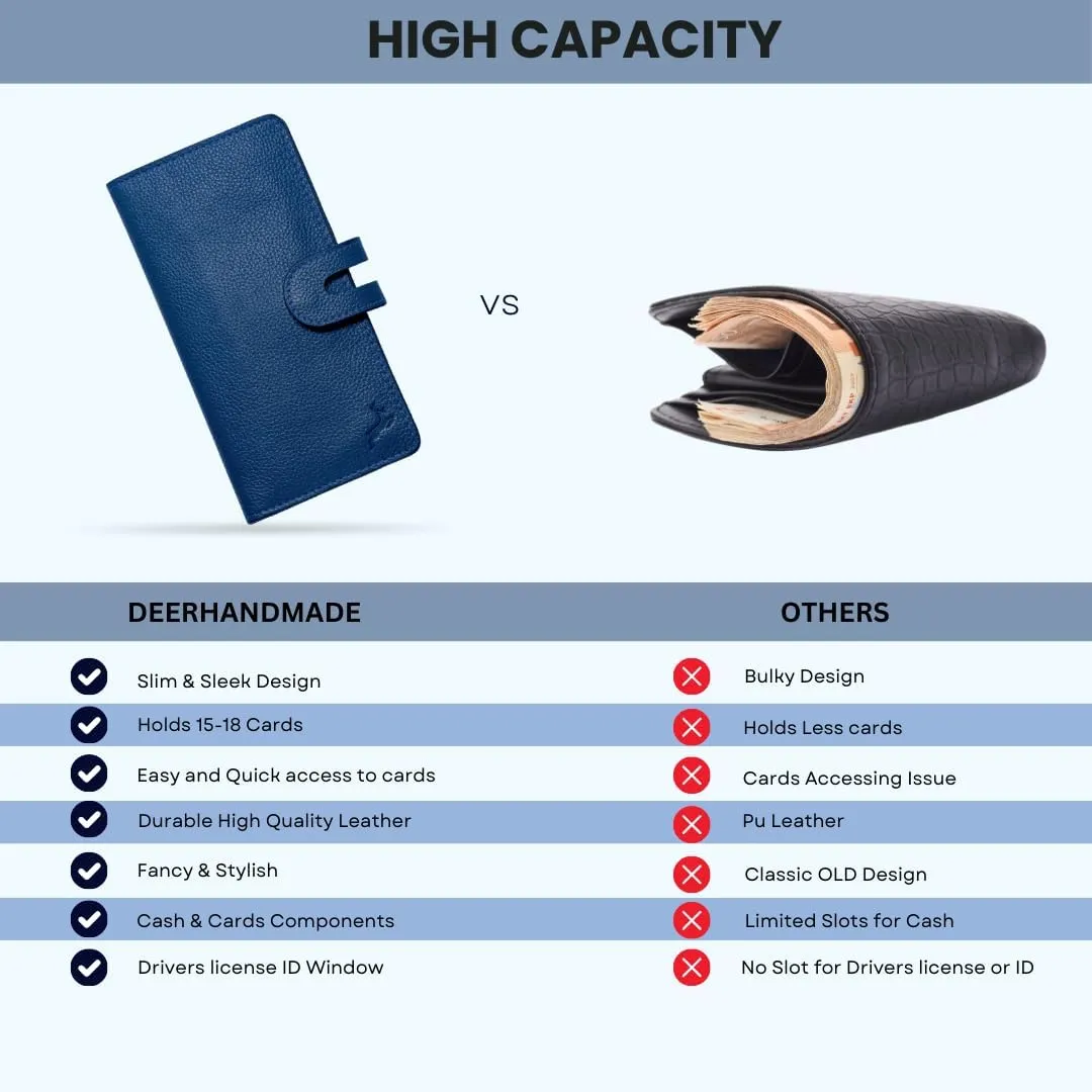womens wallet (Holds 15-18 Cards, 4 Flat Pockets, 1 ID Windows) Genuine Leather clutch purses for women | Slim long wallets for women | rfid blocking wallet (blue wallets for women)