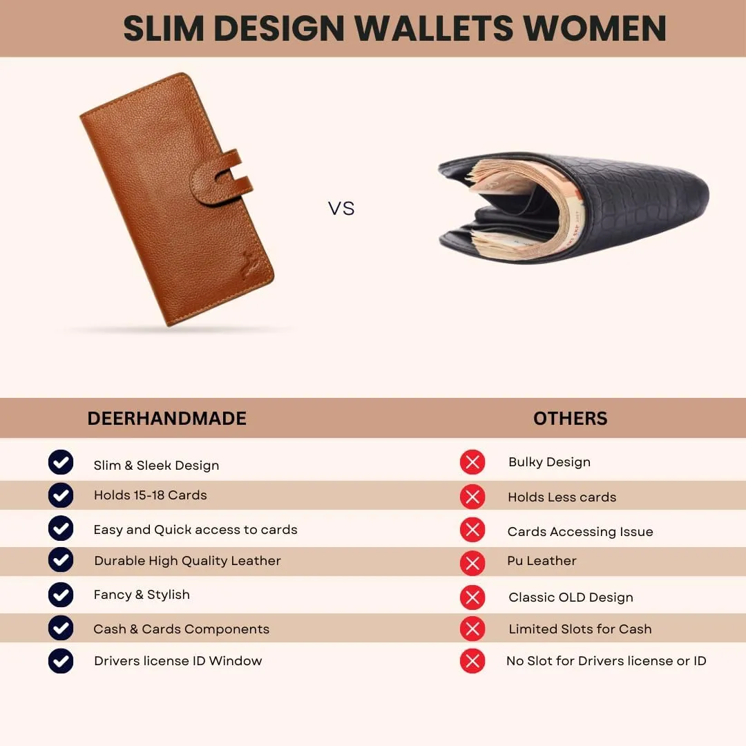 womens wallet (Holds 15-18 Cards, 4 Flat Pockets, 1 ID Windows) Genuine Leather clutch purses for women | Slim long wallets for women | rfid blocking wallet (brown wallets)