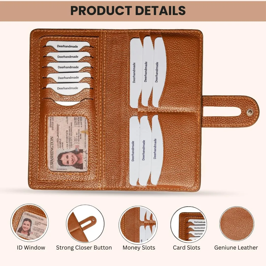 womens wallet (Holds 15-18 Cards, 4 Flat Pockets, 1 ID Windows) Genuine Leather clutch purses for women | Slim long wallets for women | rfid blocking wallet (brown wallets)