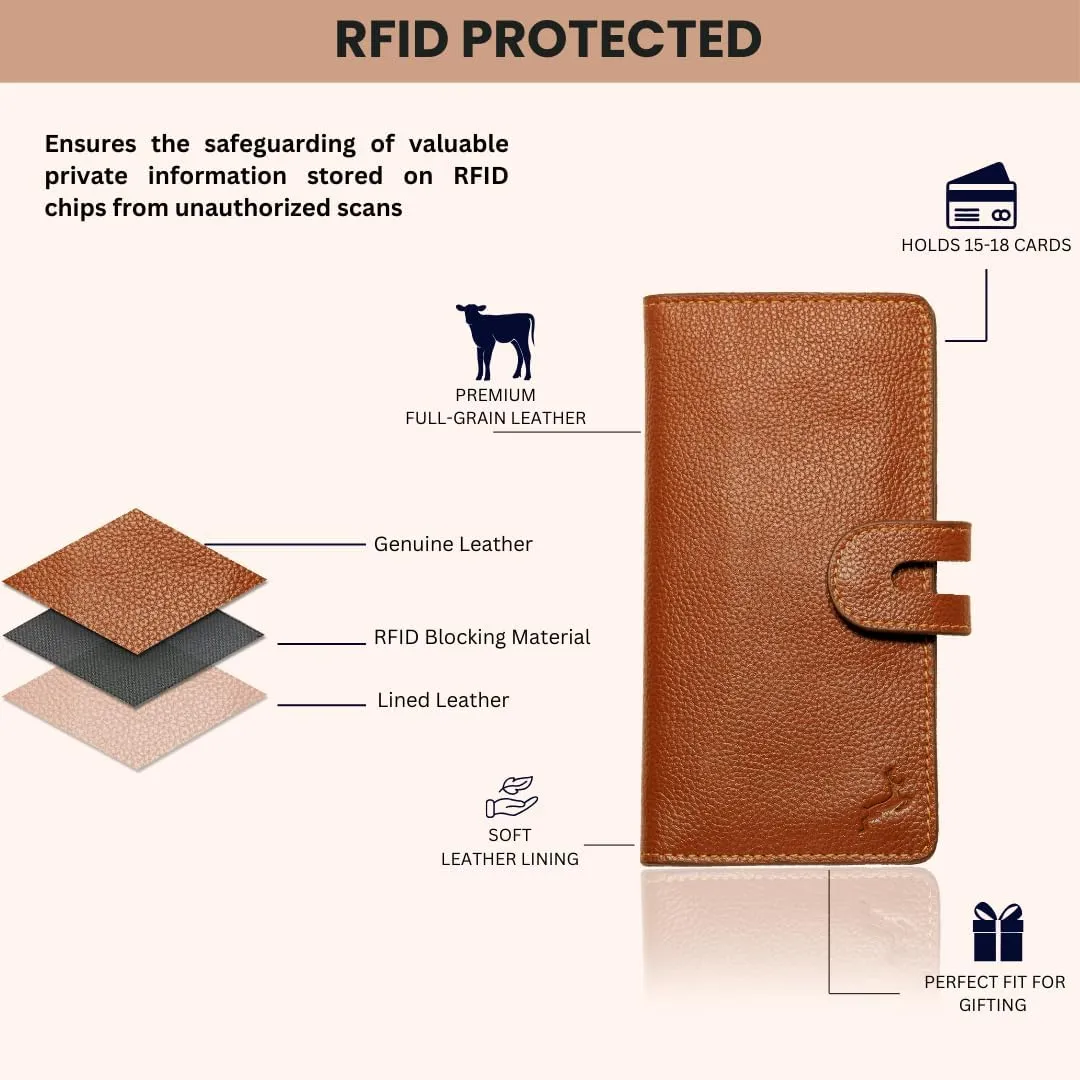 womens wallet (Holds 15-18 Cards, 4 Flat Pockets, 1 ID Windows) Genuine Leather clutch purses for women | Slim long wallets for women | rfid blocking wallet (brown wallets)