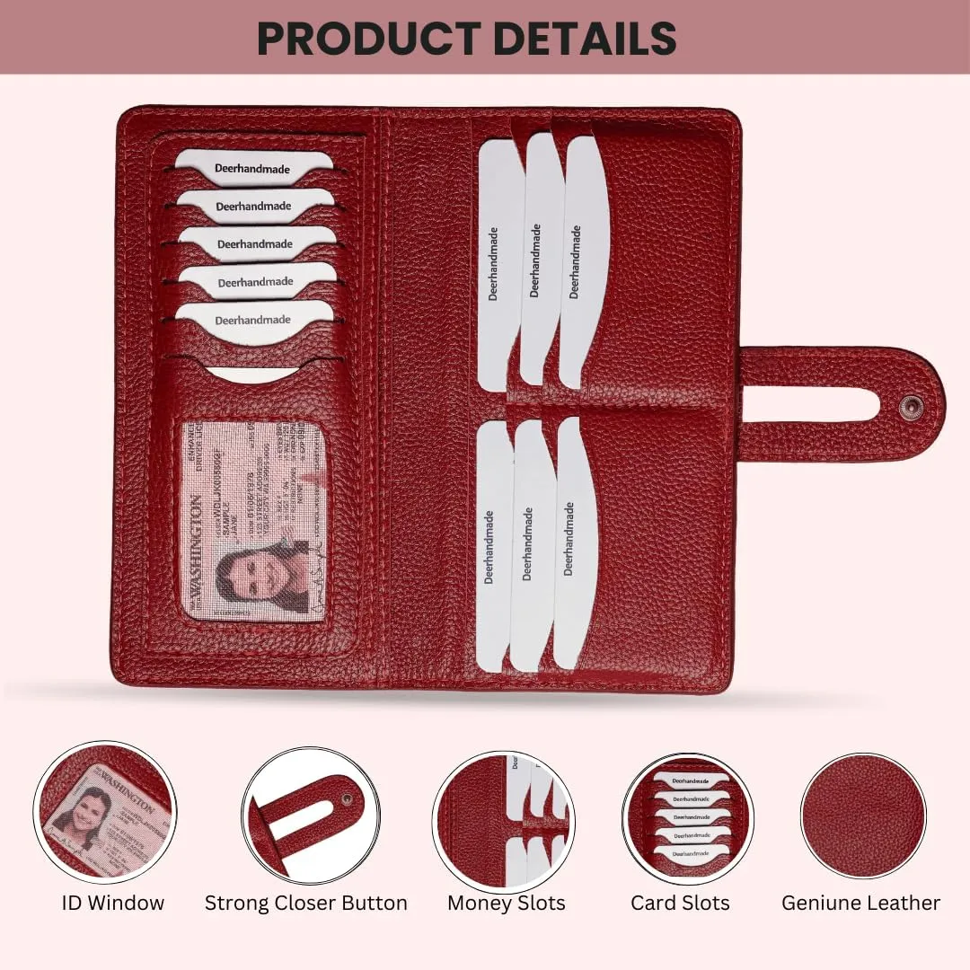 womens wallet (Holds 15-18 Cards, 4 Flat Pockets, 1 ID Windows) Genuine Leather clutch purses for women | Slim long wallets for women | rfid blocking wallet (red wallets)