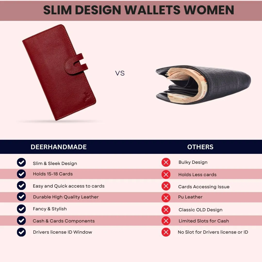 womens wallet (Holds 15-18 Cards, 4 Flat Pockets, 1 ID Windows) Genuine Leather clutch purses for women | Slim long wallets for women | rfid blocking wallet (red wallets)