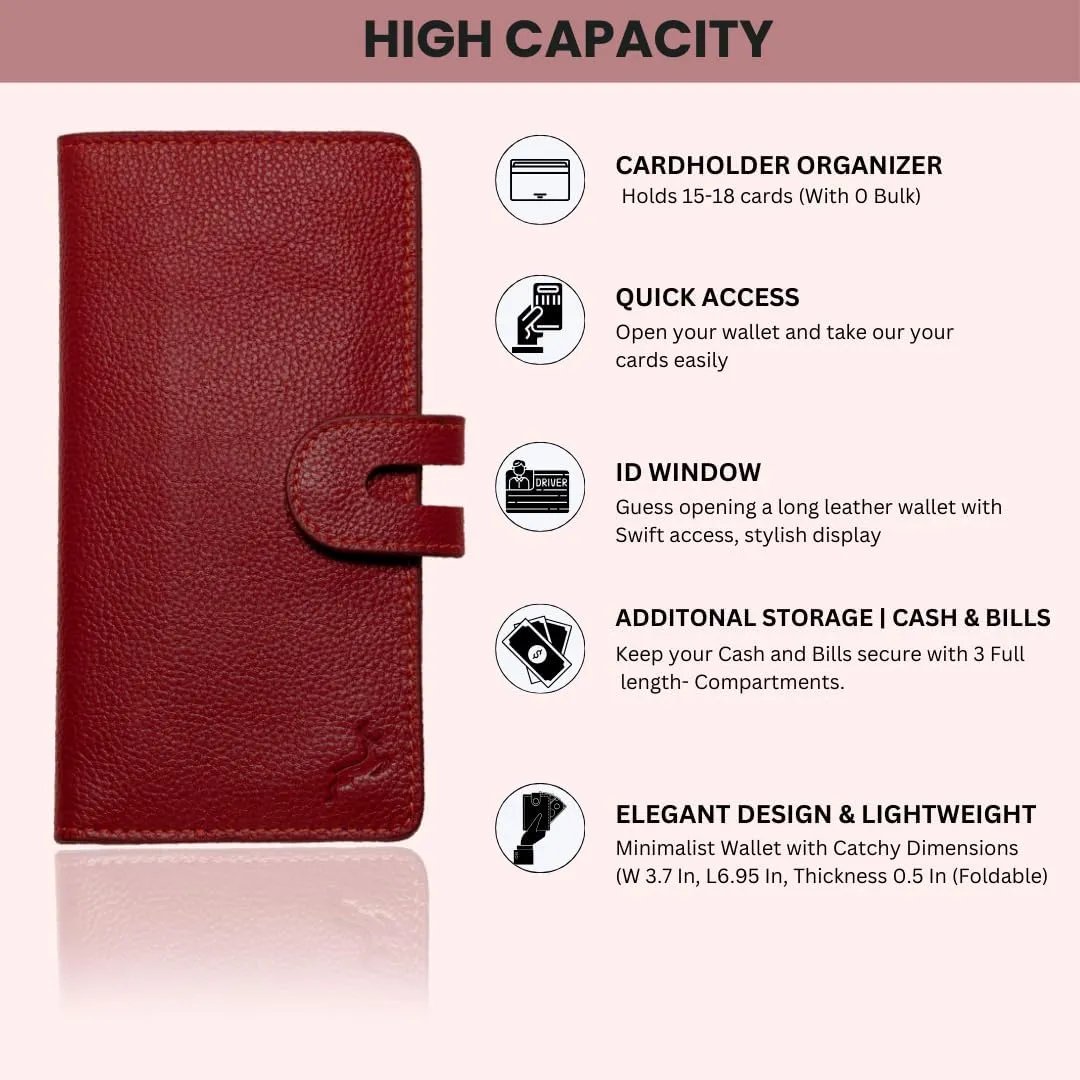 womens wallet (Holds 15-18 Cards, 4 Flat Pockets, 1 ID Windows) Genuine Leather clutch purses for women | Slim long wallets for women | rfid blocking wallet (red wallets)