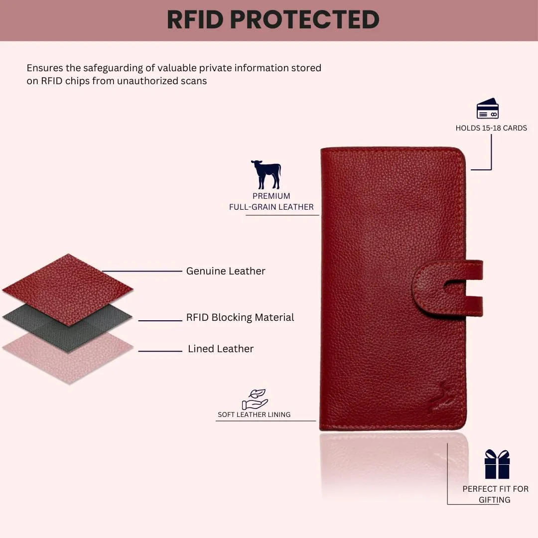 womens wallet (Holds 15-18 Cards, 4 Flat Pockets, 1 ID Windows) Genuine Leather clutch purses for women | Slim long wallets for women | rfid blocking wallet (red wallets)