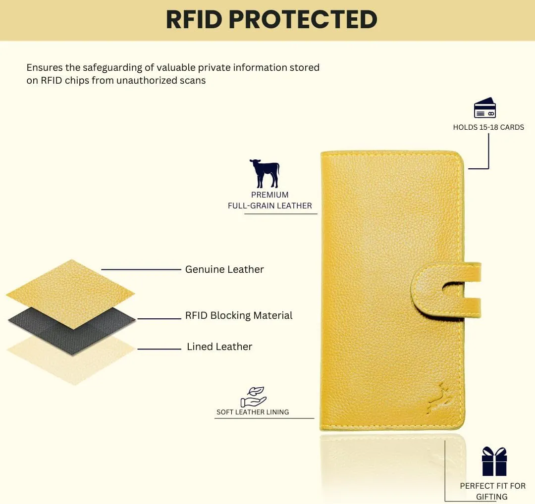 womens wallet (Holds 15-18 Cards, 4 Flat Pockets, 1 ID Windows) Genuine Leather clutch purses for women | Slim long wallets for women | rfid blocking wallet (yellow wallet)