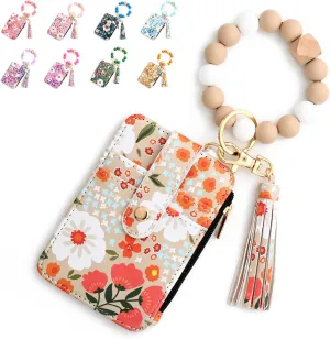 Wristlet Bracelet Keychain Credit Card Holder Purse, Zip Slim Wallet,Tassel Silicone Beaded Bangle Key Ring Wallet for Women